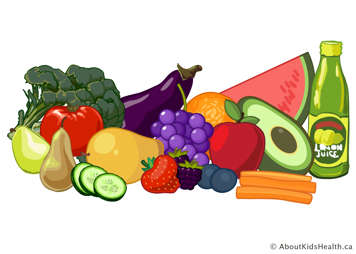 Fruits, vegetables and juice