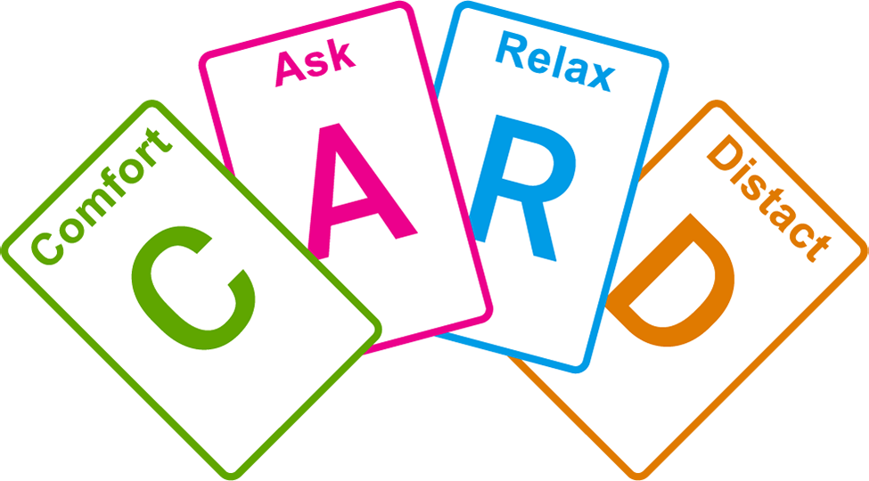 CARD fanned cards icon showing comfort, ask, relax and distract