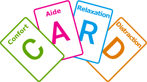 Ic&ocirc;ne du &laquo; syst&egrave;me CARD &raquo; repr&eacute;sentant des cartes en &eacute;ventail et illustrant les concepts de confort, de demande, de relaxation et de distraction