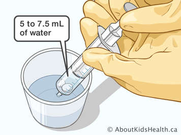 Gloved hands drawing up 5 to 7.5 mL of water in a syringe containing tablets