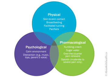 Circles listing examples of physical, psychological and pharmacological pain management