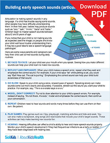 Downloadable handout about building early speech sounds or articulation