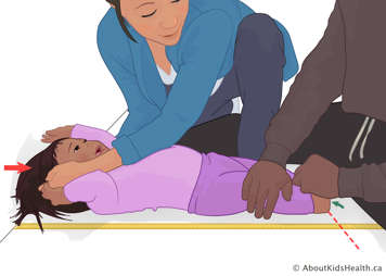 Two caregivers measuring their baby's height, while the child is lying down. The woman is holding the child's head, while the man is holding the child's feet.