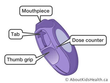 The mouthpiece, tab, thumb grip and dose counter on a Diskus inhaler