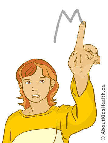 Girl tracing the letter M in the air with her finger