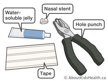 Water-soluble jelly, nasal stent, hole punch and tape