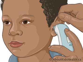 Child having temperature taken by ear with one hand pulling the ear up and the other holding the thermometer in the ear