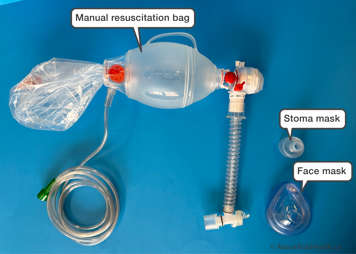 Parts of a manual resuscitation bag with a face mask and a stoma mask