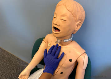 Heel of caregivers hand on child's abdomen above their belly button