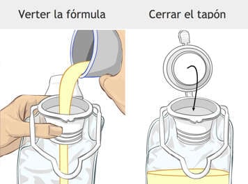 Pouring formula into feeding bag and closing the seal on the feeding bag