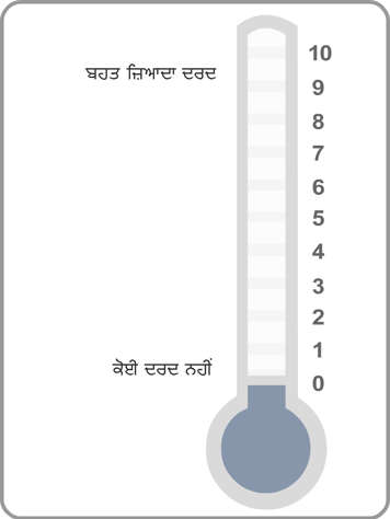 ਜ਼ੀਰੋ ਤੋਂ ਦੱਸ ਤੱਕ ਨੰਬਰਾਂ ਵਾਲਾ ਥਰਮਾਮੀਟਰ, ਥਰਮਾਮੀਟਰ ਦੇ ਹੇਠਲੇ ਹਿੱਸੇ ਤੇ ਕੋਈ ਪੀੜ ਨਹੀਂ ਅਤੇ ਉਸਦੇ ਸਿਖਰ ਤੇ ਸਭ ਤੋਂ ਬੁਰੀ ਪੀੜ ਅੰਕਿਤ ਕੀਤੀ ਹੋਈ