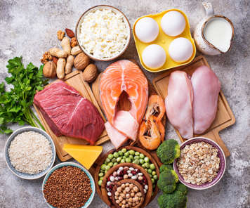 Overhead view of meats, seafood, cheeses, beans, nuts, and a pitcher of milk