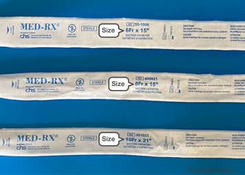 THree different catheters in their packaging showing where to find the size