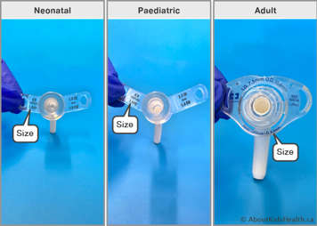 showing the size labels on neonatal, paediatric and adult tracheostomy tubes