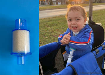 child with a ventilator adaptor and an inset showing a close up of a ventilator adaptor